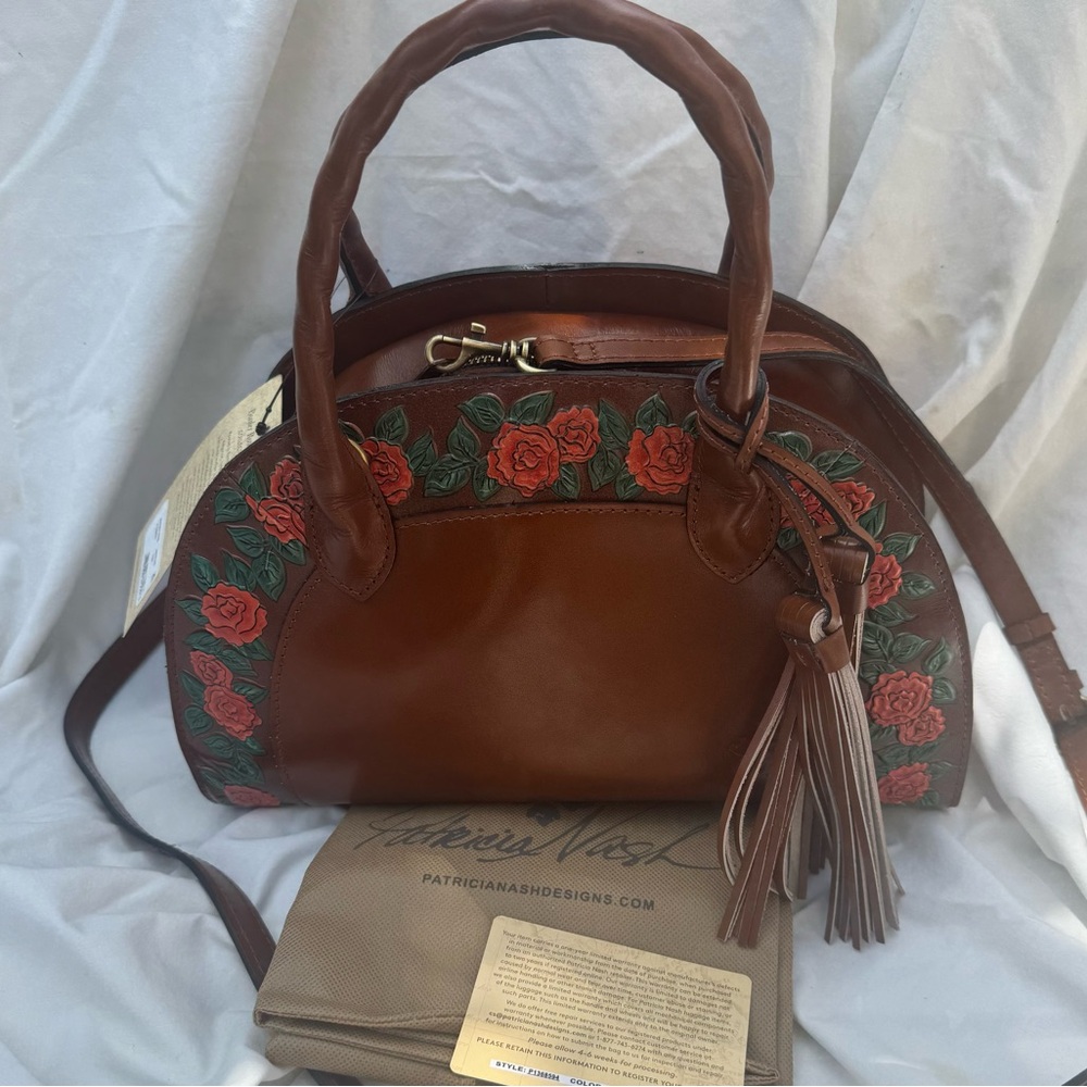Patricia Nash Leather Angelini Top Handle Crossbody Tan with Tooled Floral - Picture 2 of 11
